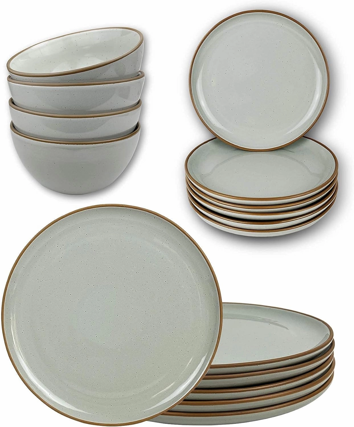 Mora Ceramic Dinner Plates, Salad Plates, Cereal Bowls Bundle - Microwave, Oven and Dishwasher Safe, Modern Dinnerware - Earl Grey