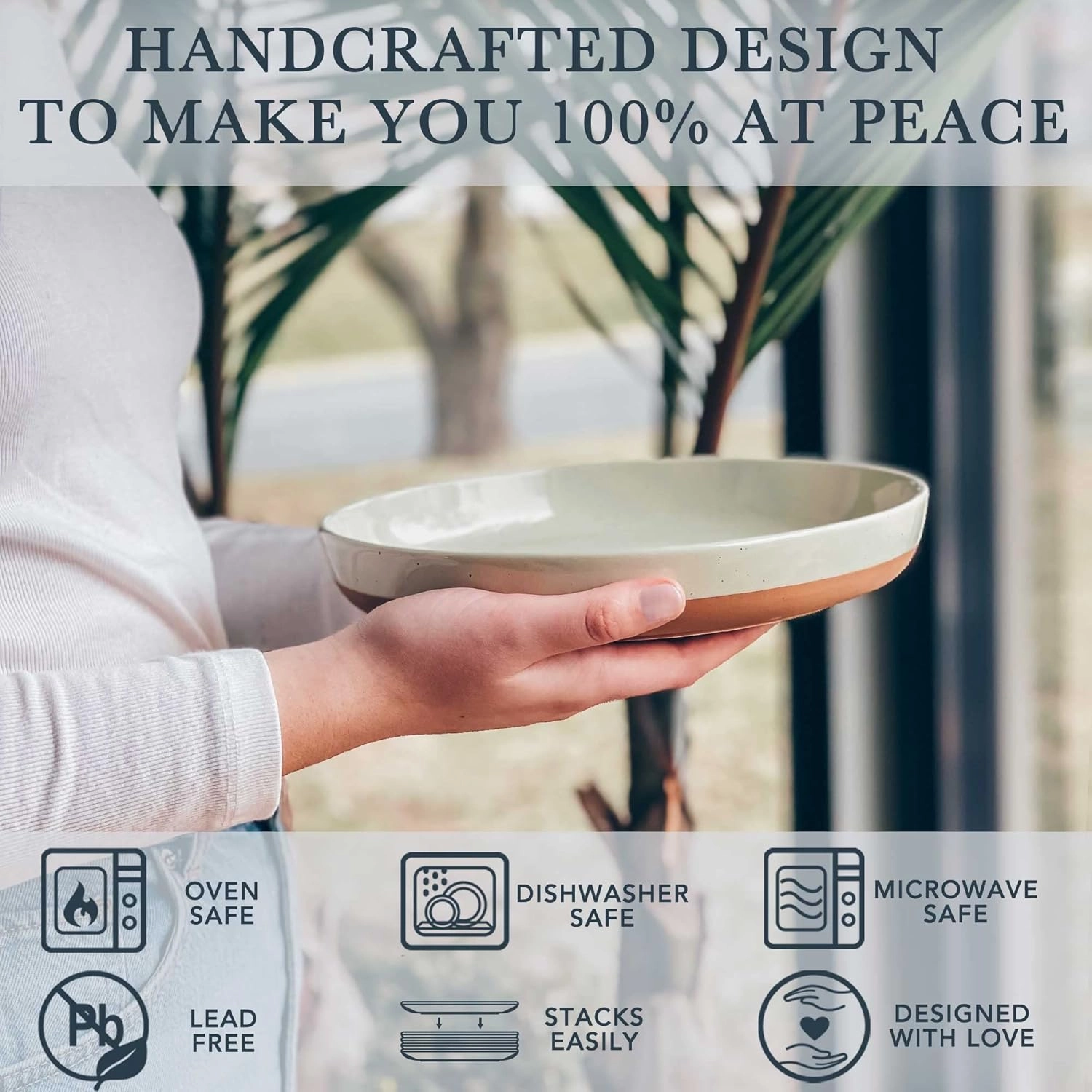 Mora Ceramic Flat Pasta Bowl Set of 4-35oz, Microwave Safe Plate with High Edge for Kitchen and Eating, Large Wide Bowls/Plates for Serving Dinner, Salad, etc- Neutrals