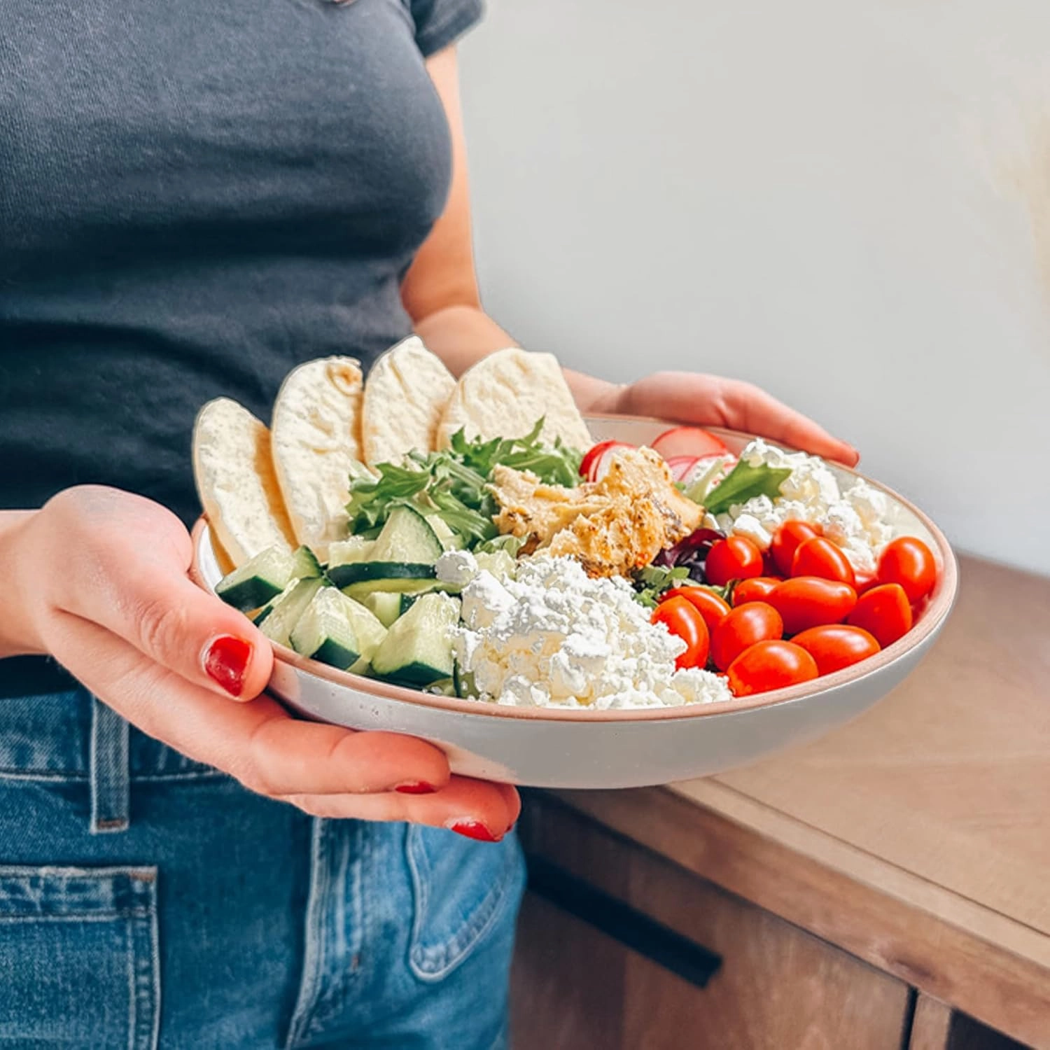 Mora Ceramic Large Pasta Bowls 30oz, Set of 4 - Serving, Salad, Dinner, etc Plate/Wide Bowl - Microwave, Oven, Dishwasher Safe Kitchen Dinnerware - Modern Porcelain Stoneware Dishes, Earl Grey