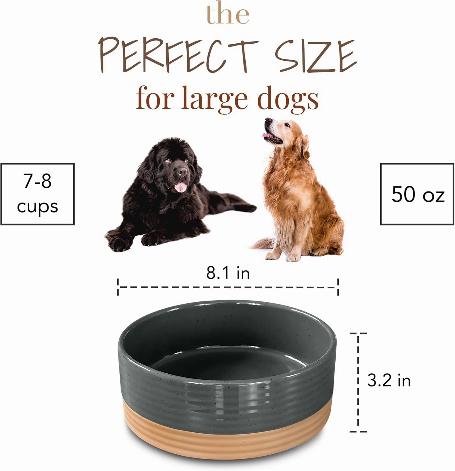 Mora Ceramic Pet Bowl Size Large - Food/Water Dish for Large Dogs, Cats, Great Dane, Mastiff, ect. 50oz or 8 Cups - Basic Bowls for Your Large Dog or Cat, Mix and Match for a Set - Charcoal