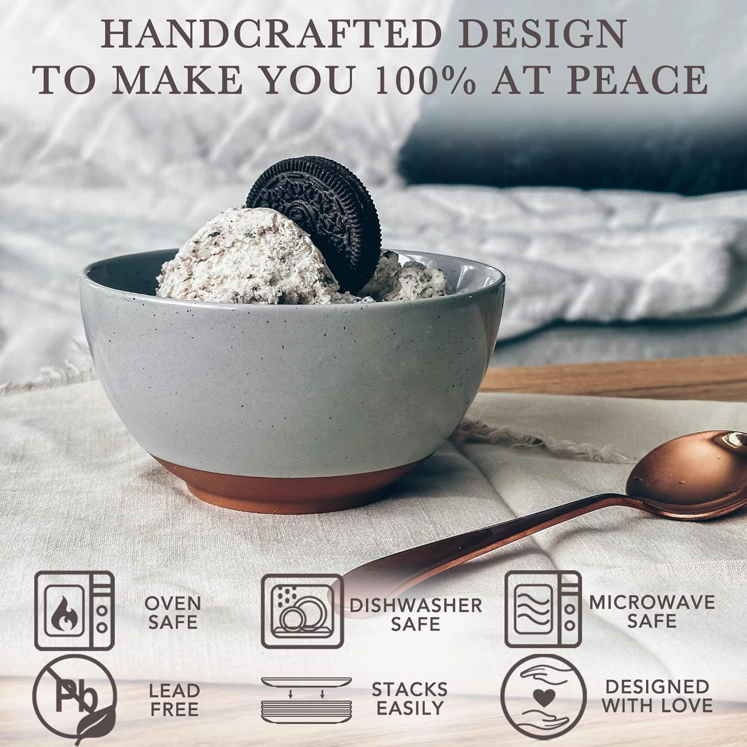 Mora Ceramic Small Dessert Bowls - 16oz, Set of 6 - Microwave, Oven and Dishwasher Safe, For Rice, Ice Cream, Soup, Snacks, Cereal, Chili, Side Dishes etc - Microwavable Kitchen Bowl, Earl Grey