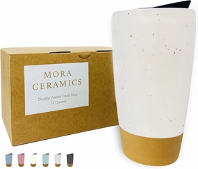 Mora Double Wall Ceramic Coffee Travel Mug with Lid, 14 oz, Portable, Microwave, Dishwasher Safe, Insulated Reusable Tall Cup, Splash Resistant Lid - To Go Tumbler for Car Cup Holder, Cotton White