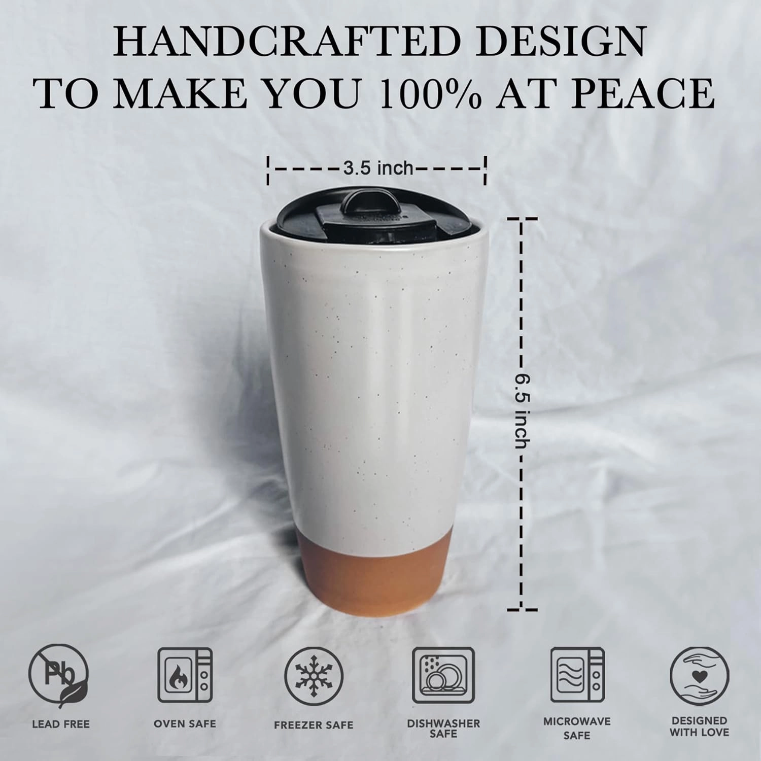 Mora Double Wall Ceramic Coffee Travel Mug with Lid, 14 oz, Portable, Microwave, Dishwasher Safe, Insulated Reusable Tall Cup, Splash Resistant Lid - To Go Tumbler for Car Cup Holder, Cotton White