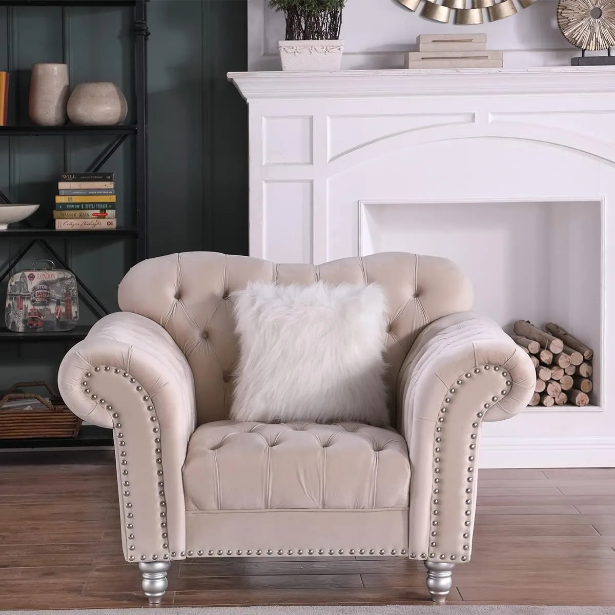 Morden Fort Chesterfield Sofa, Chair and Sofa for Living Room Furniture Sets, 2 Pieces Classic Velvet Tufted Couches, Beige
