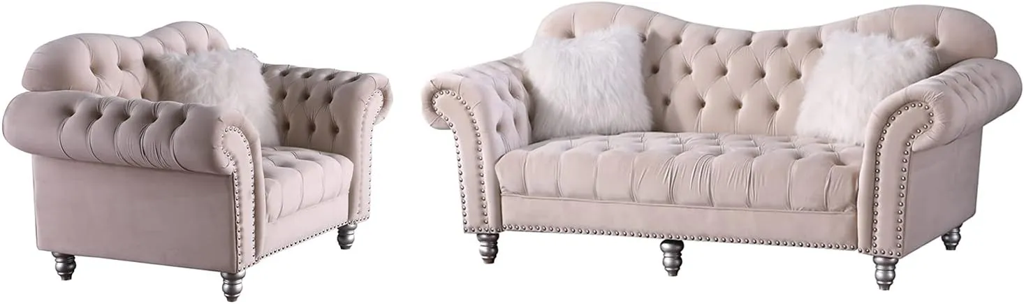 Morden Fort Chesterfield Sofa, Chair and Sofa for Living Room Furniture Sets, 2 Pieces Classic Velvet Tufted Couches, Beige