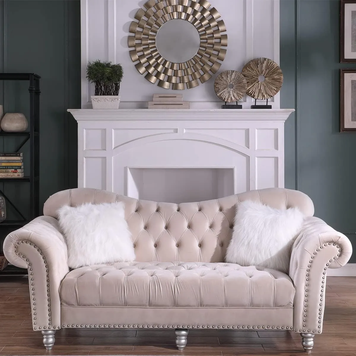Morden Fort Chesterfield Sofa, Chair and Sofa for Living Room Furniture Sets, 2 Pieces Classic Velvet Tufted Couches, Beige