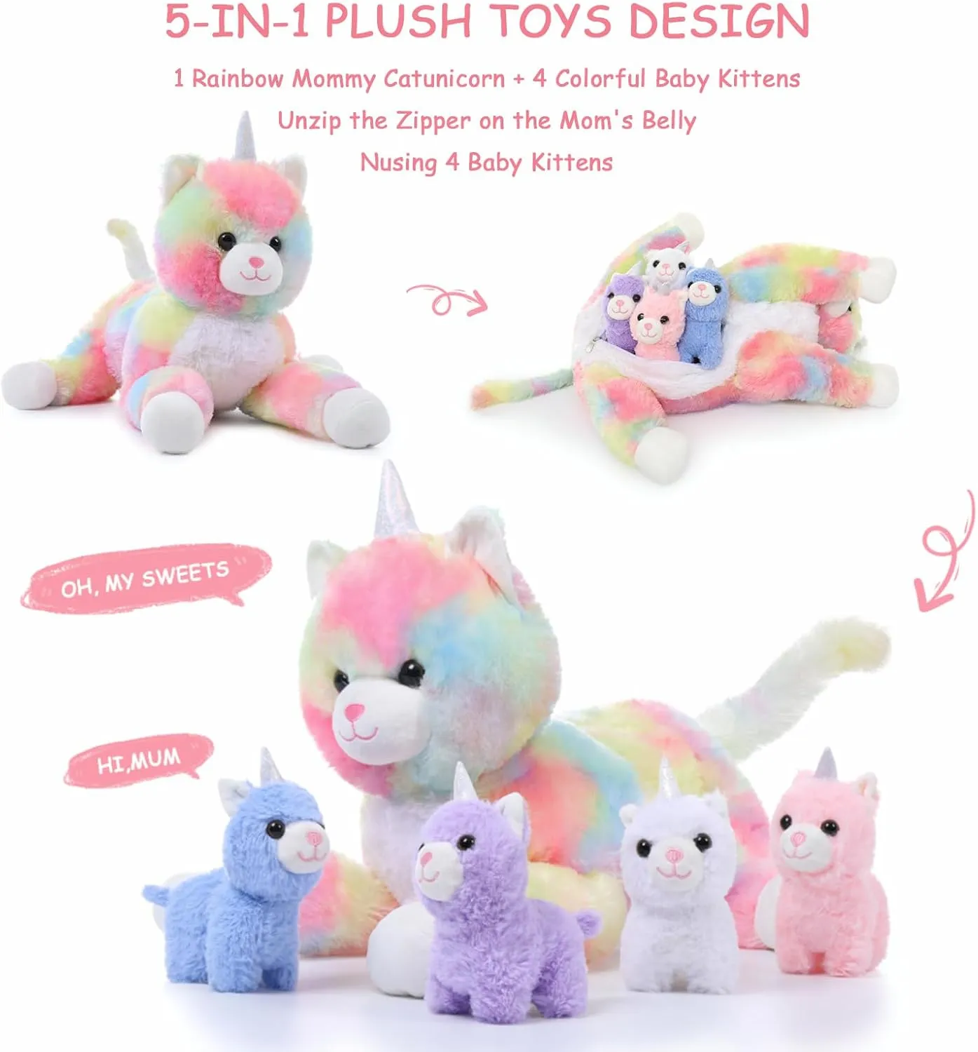 MorisMos Cat Unicorn Stuffed Animal with Baby Kittens, 24'' Mommy Cat and 4 Baby Kitty Stuffed Animals, Large Rainbow Caticorn Plush Pillow, 5Pcs Kitty Unicorn Plush Toys for Girls Boys Birthday Gift