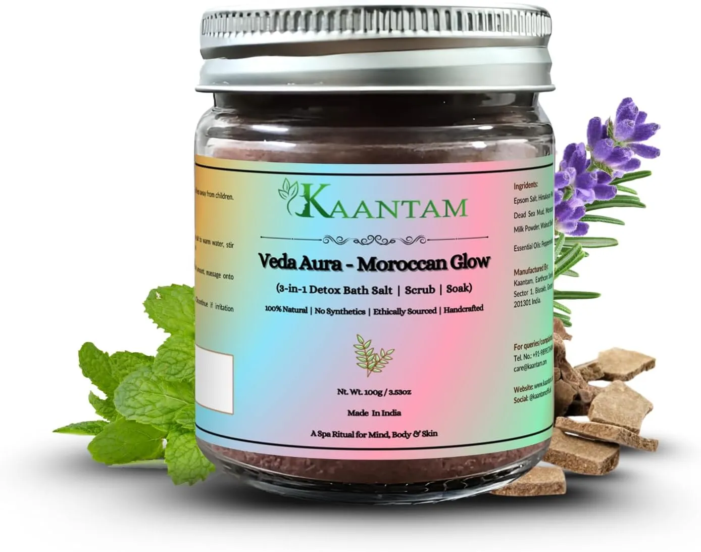 Moroccan Glow Bath Salt – Handmade Epsom & Himalayan Pink Salt Soak with Rhassoul Clay, Peppermint & Rosemary – Natural Body Scrub & Bath Soak – 100g / 3.5 oz