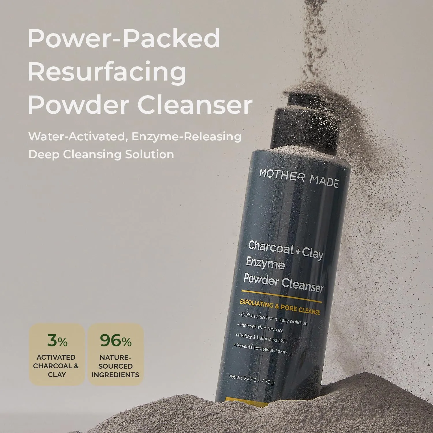 MOTHER MADE Charcoal Clay Enzyme Powder Vegan Facial Cleanser with Salicylic Acid, Vitamin C, Hyaluronic Acid, 2.47 oz, Super Gentle Exfoliating Face Scrub, Pore Cleansing Exfoliant, Natural