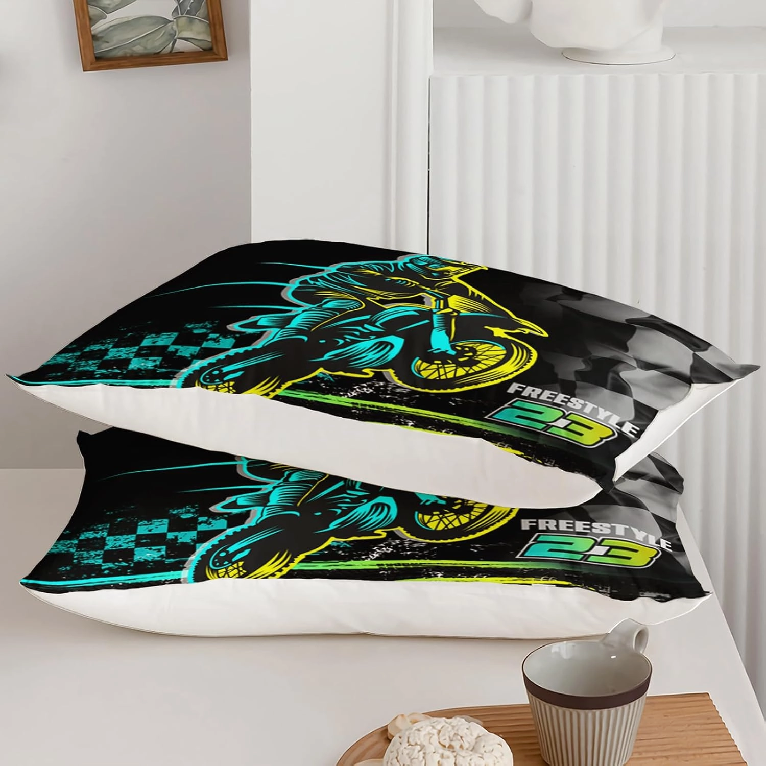 Motocross Bedding Set Queen Size, Motorcycle Racer Comforter Extreme Sport Bedding Set for Teens Kids Boys, 1 Comforter and 2 Pillowcases