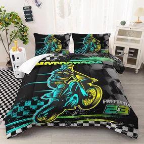 Motocross Bedding Set Queen Size, Motorcycle Racer Comforter Extreme Sport Bedding Set for Teens Kids Boys, 1 Comforter and 2 Pillowcases