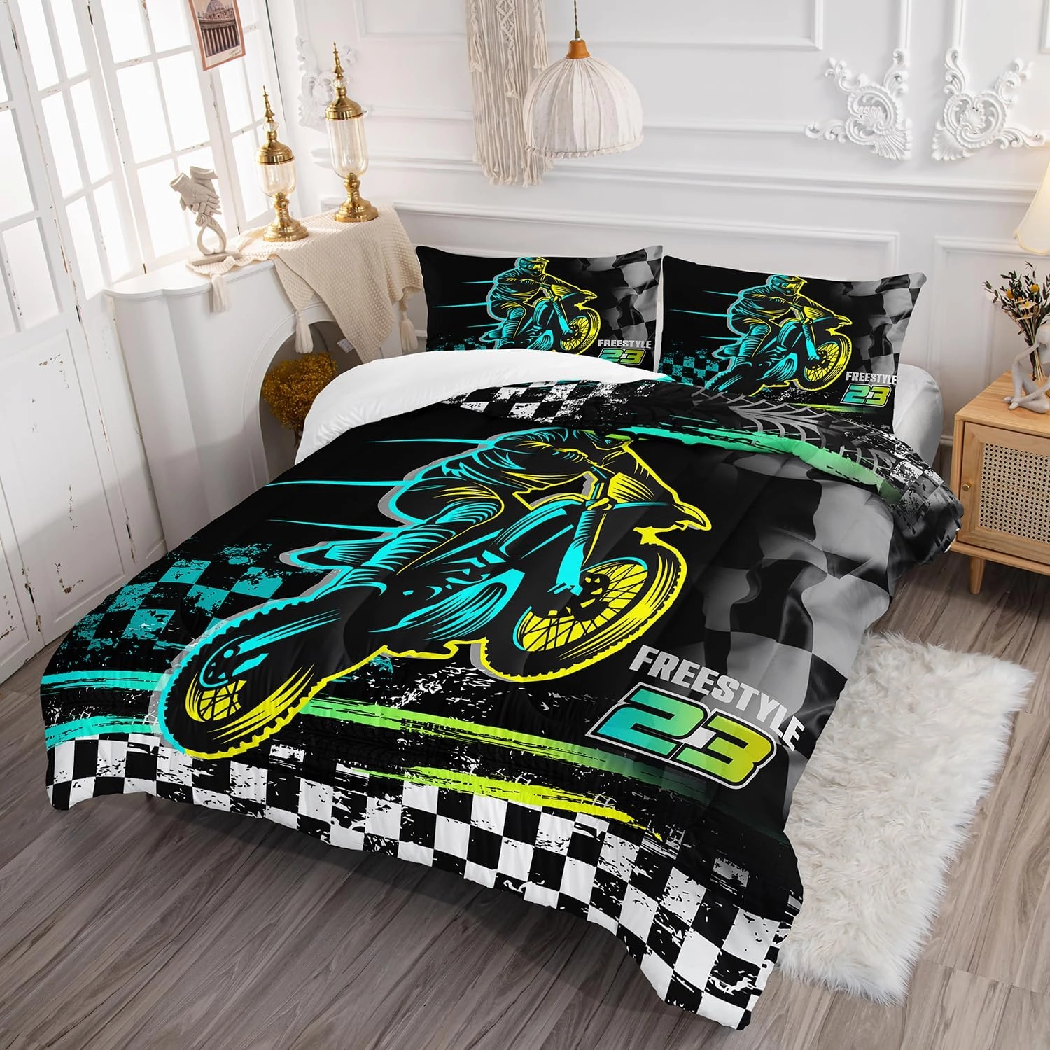 Motocross Bedding Set Queen Size, Motorcycle Racer Comforter Extreme Sport Bedding Set for Teens Kids Boys, 1 Comforter and 2 Pillowcases