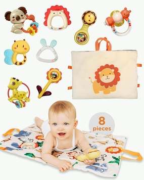 Move2Play, 8 Piece Baby Rattle and Tummy Time Mat Set | Rattling and Silicone Teething Toys | Babies Toy 3-6 Months | 3, 4, 5, 6 Month Old Must Have | Infant Gifts for Boys and Girls