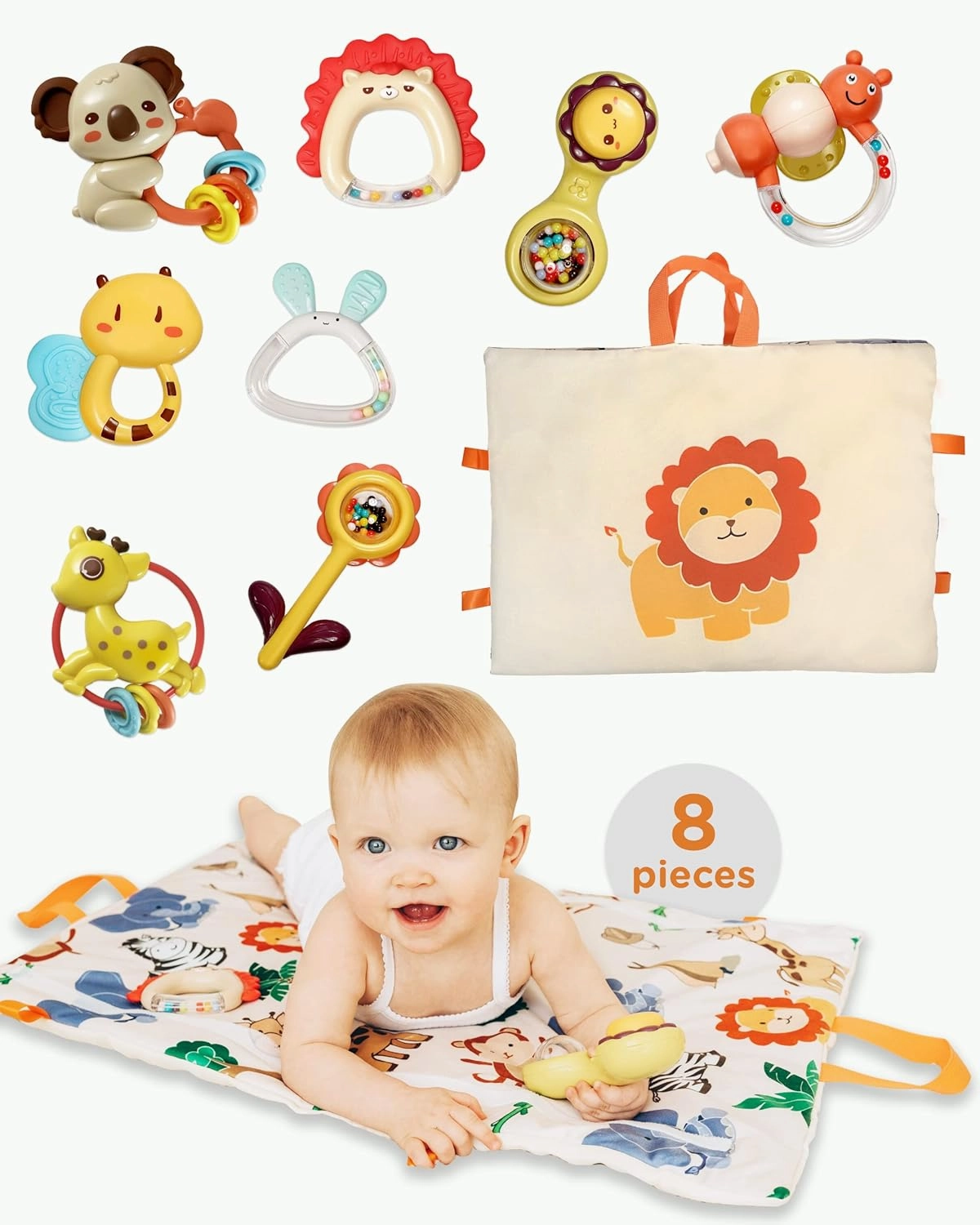 Move2Play, 8 Piece Baby Rattle and Tummy Time Mat Set | Rattling and Silicone Teething Toys | Babies Toy 3-6 Months | 3, 4, 5, 6 Month Old Must Have | Infant Gifts for Boys and Girls