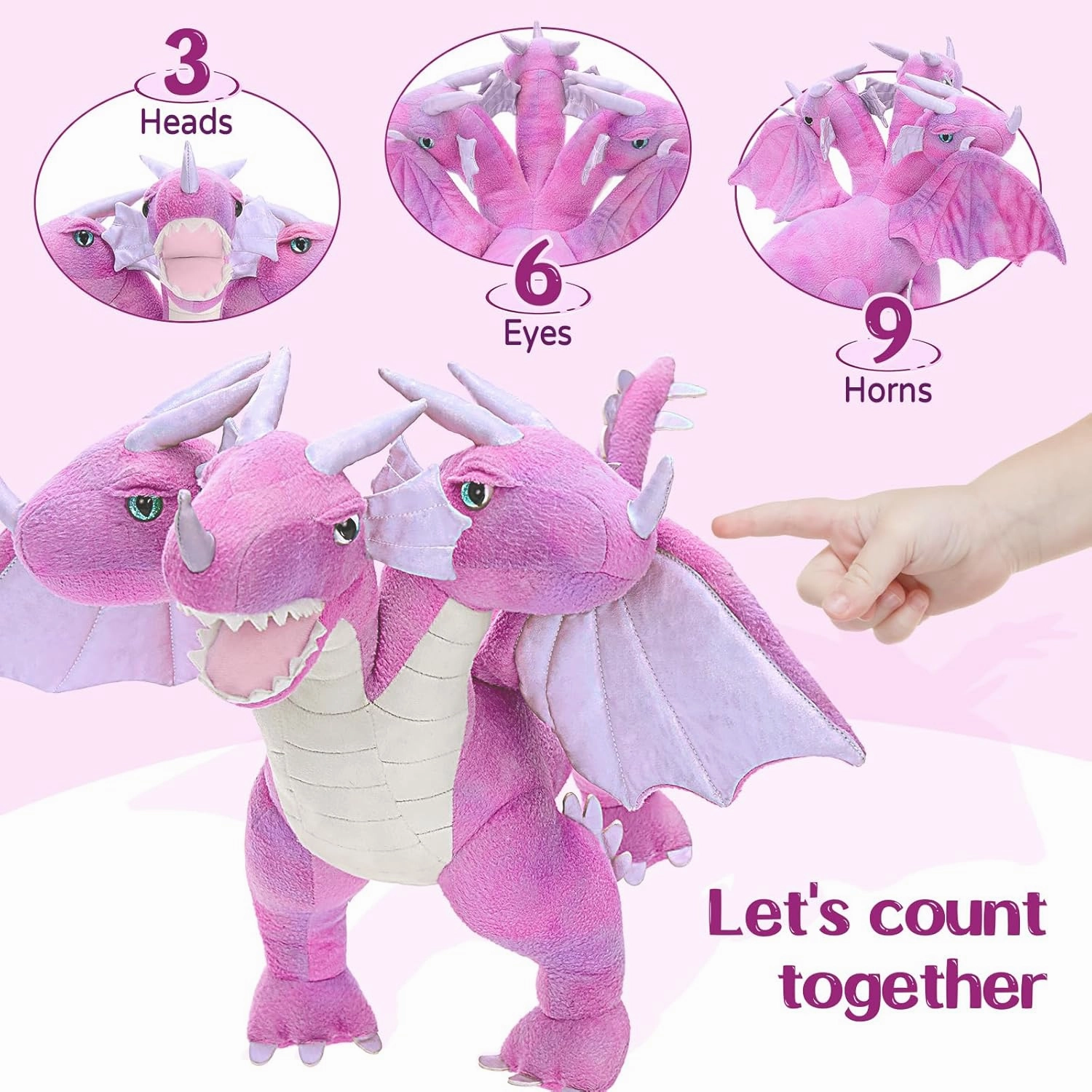 Muiteiur 3-Heads Dragon Stuffed Animal,21.6 inch Soft Dragon Plush with Wings, Cute Stuffed Toy for Baby Kids Girls Boys, Great Gift