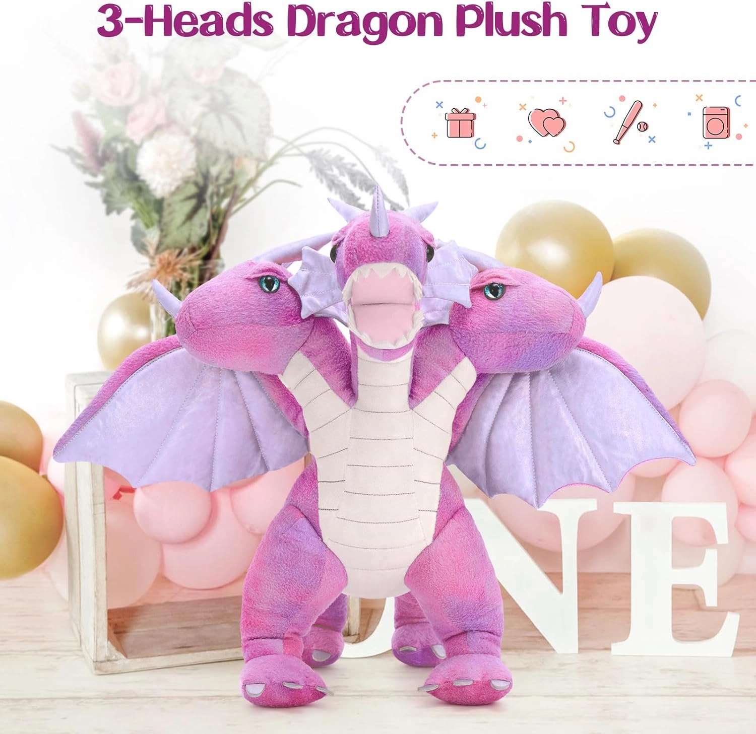 Muiteiur 3-Heads Dragon Stuffed Animal,21.6 inch Soft Dragon Plush with Wings, Cute Stuffed Toy for Baby Kids Girls Boys, Great Gift
