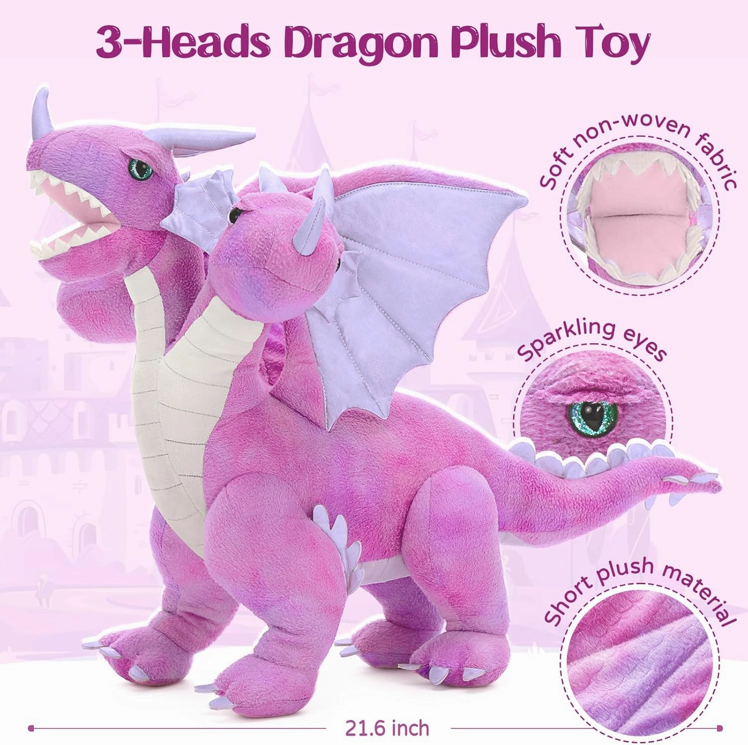 Muiteiur 3-Heads Dragon Stuffed Animal,21.6 inch Soft Dragon Plush with Wings, Cute Stuffed Toy for Baby Kids Girls Boys, Great Gift