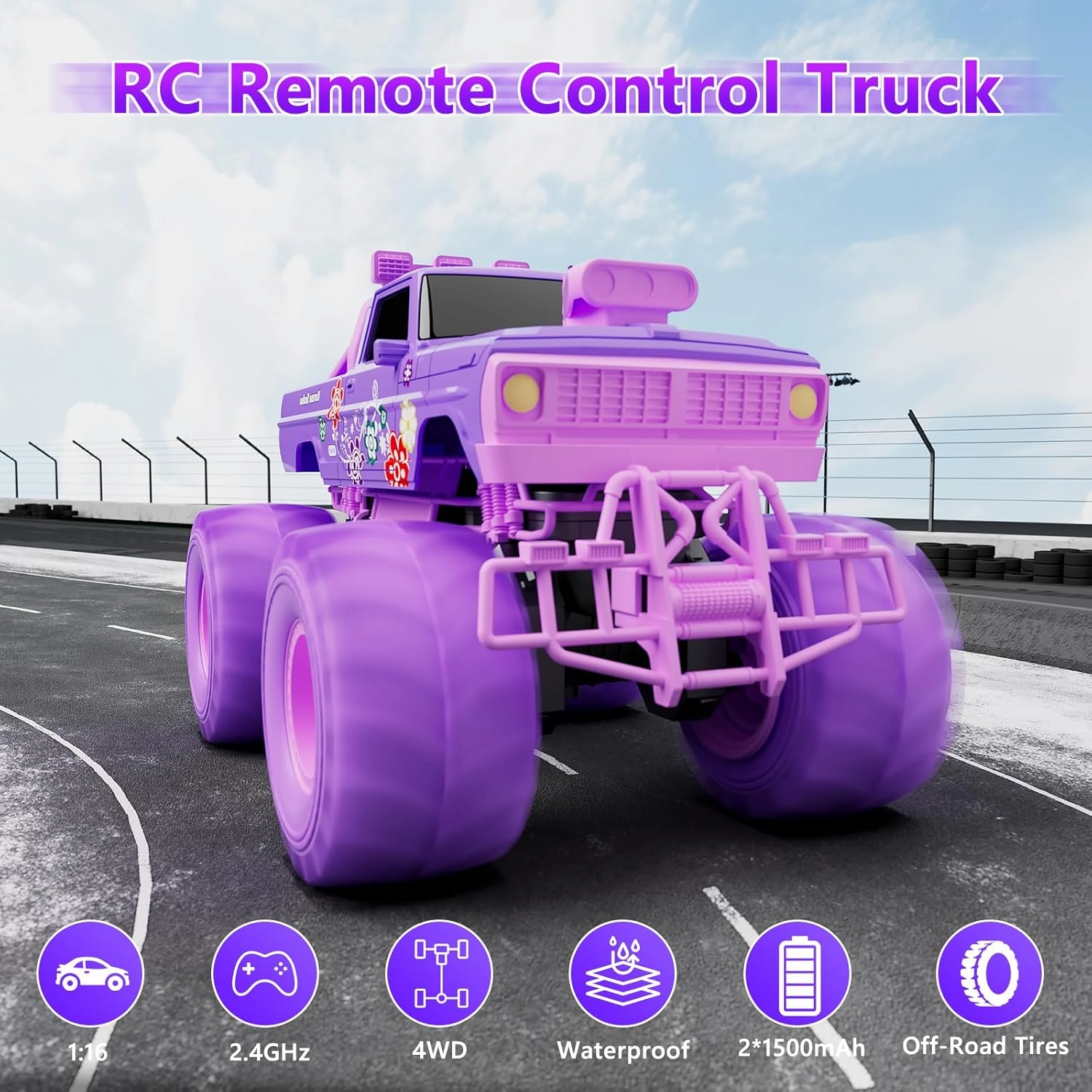 MUYOLO Remote Control Monster Truck for Girls- 1:16 Rc Car with 2 Batteries 2.4GHz 4WD Off-Rock All Terrain Waterproof Amphibious Toys, for Christmas Birthday Gifts Presents Kids Boys Girls Ages 6 