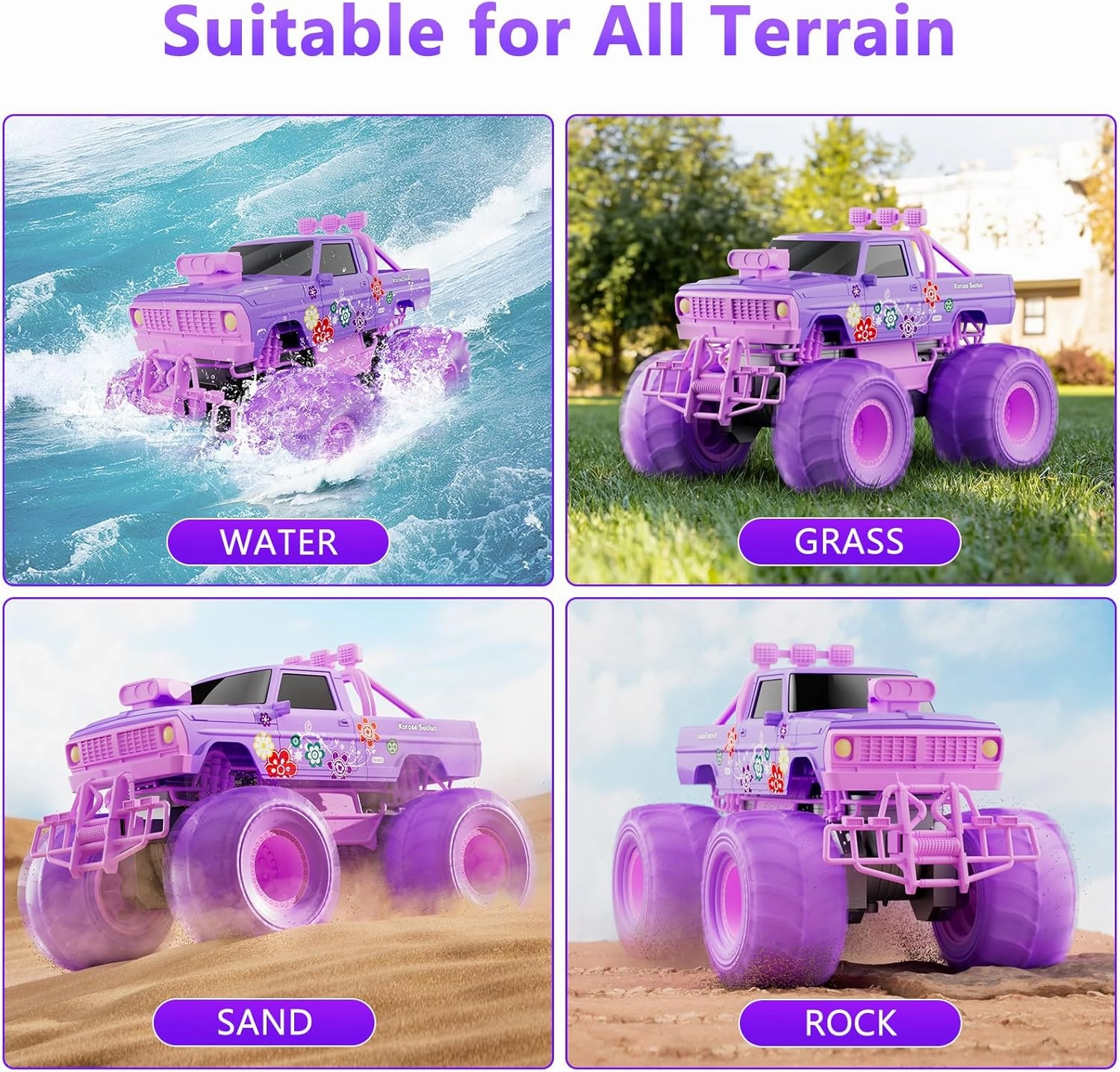 MUYOLO Remote Control Monster Truck for Girls- 1:16 Rc Car with 2 Batteries 2.4GHz 4WD Off-Rock All Terrain Waterproof Amphibious Toys, for Christmas Birthday Gifts Presents Kids Boys Girls Ages 6 