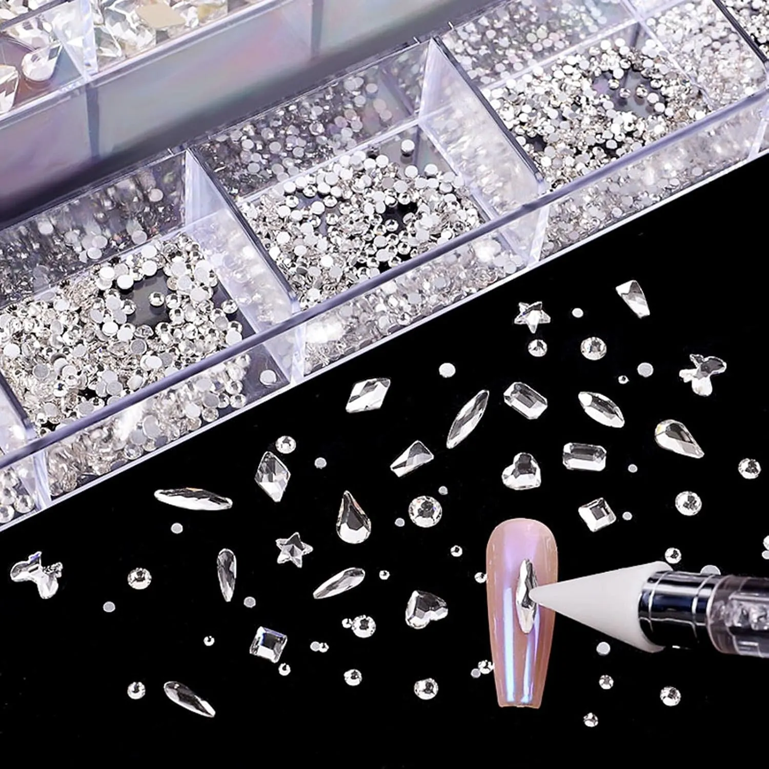 Nail Rhinestones Kit, Nail Art Decorations with Wax Pencil Flat AB Rhinestones Kit DIY Crafts Gemstones for Nail, Shoes, Clothes, Jewels (600 Green diamonds   2500 flat rhinestones)