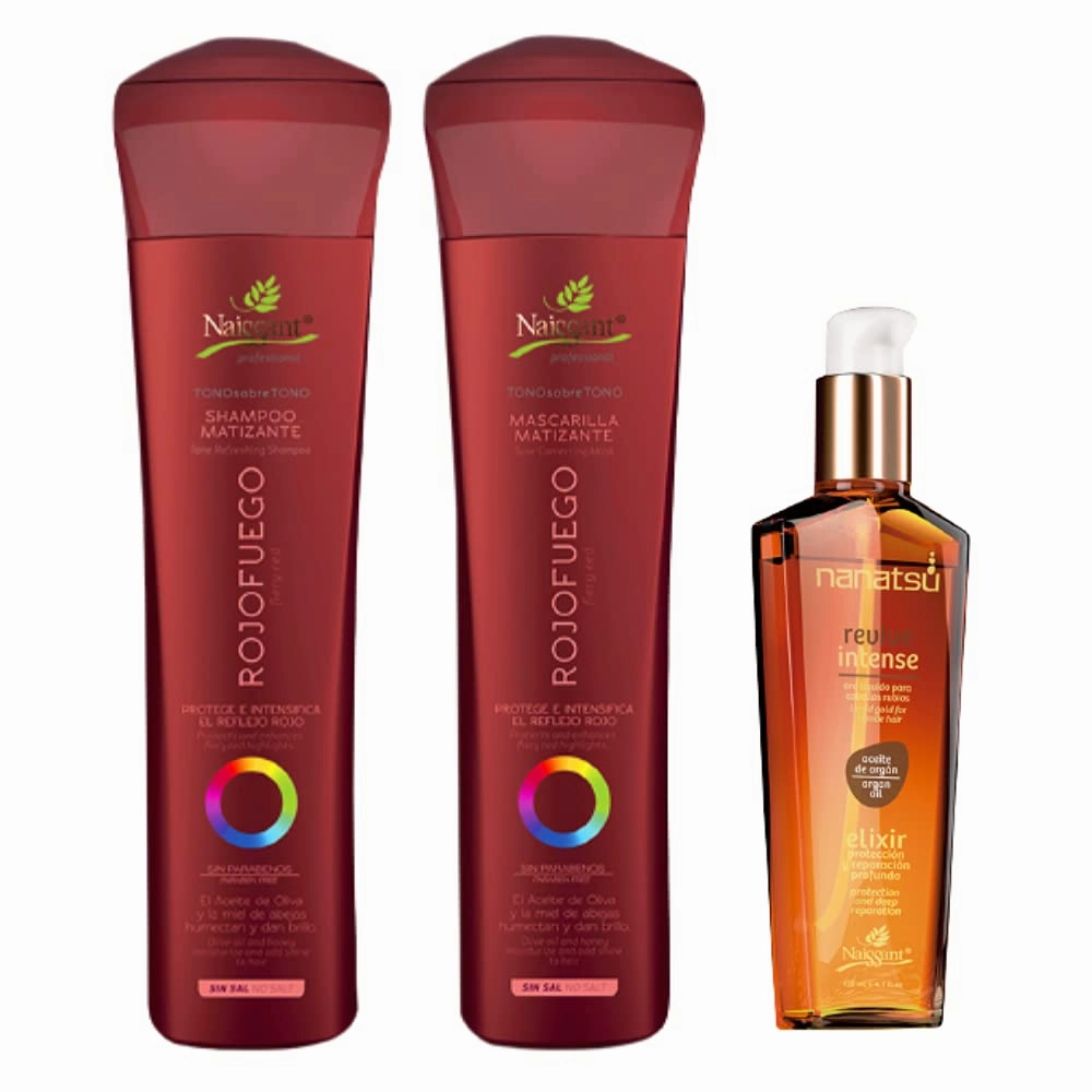 naissant Set No Yellow Shampoo, Treatment Mask and Argan Oil. Color Care,Hair Intensifier and Damage Repair. Without Salt and Parabens for Red Hair (Fiery Red, Rojo Fuego).