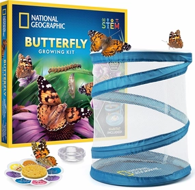 NATIONAL GEOGRAPHIC Butterfly Growing Kit - Butterfly Habitat Kit with Voucher to Redeem 5 Caterpillars (S&H Not Included), Butterfly Cage, Feeder (Amazon Exclusive)