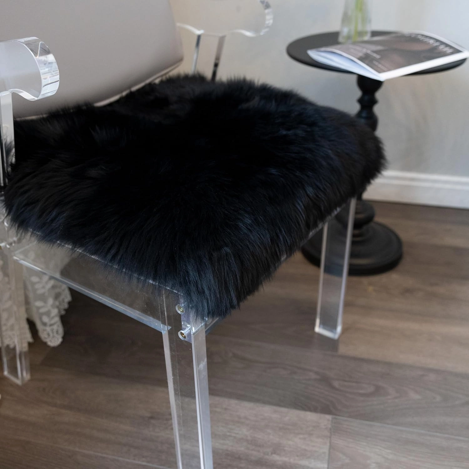 Natural Australian Sheepskin Seat Chair Pad,Soft Wool and Non-Slip Backing Cover for Home Office Chair Computer Chairs, car Seats, Kitchen and Dining Room Square Pack of 1 (Inky Black, 18"×18”)