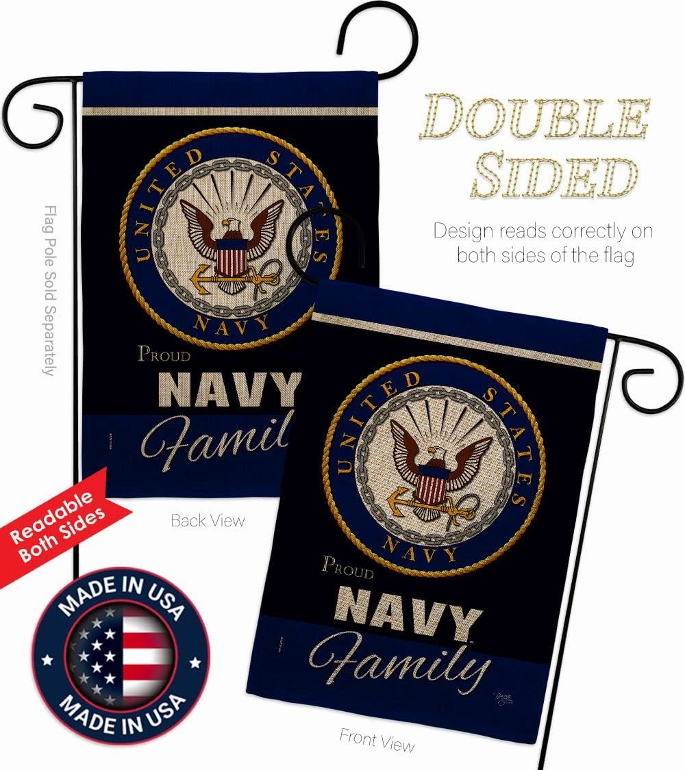 Navy Proudly Family Burlap Garden Flag - Armed Forces USN Seabee United State American Military Veteran Retire Official - House Decoration Banner Small Yard Gift Double-Sided Made In USA 13 X 18.5