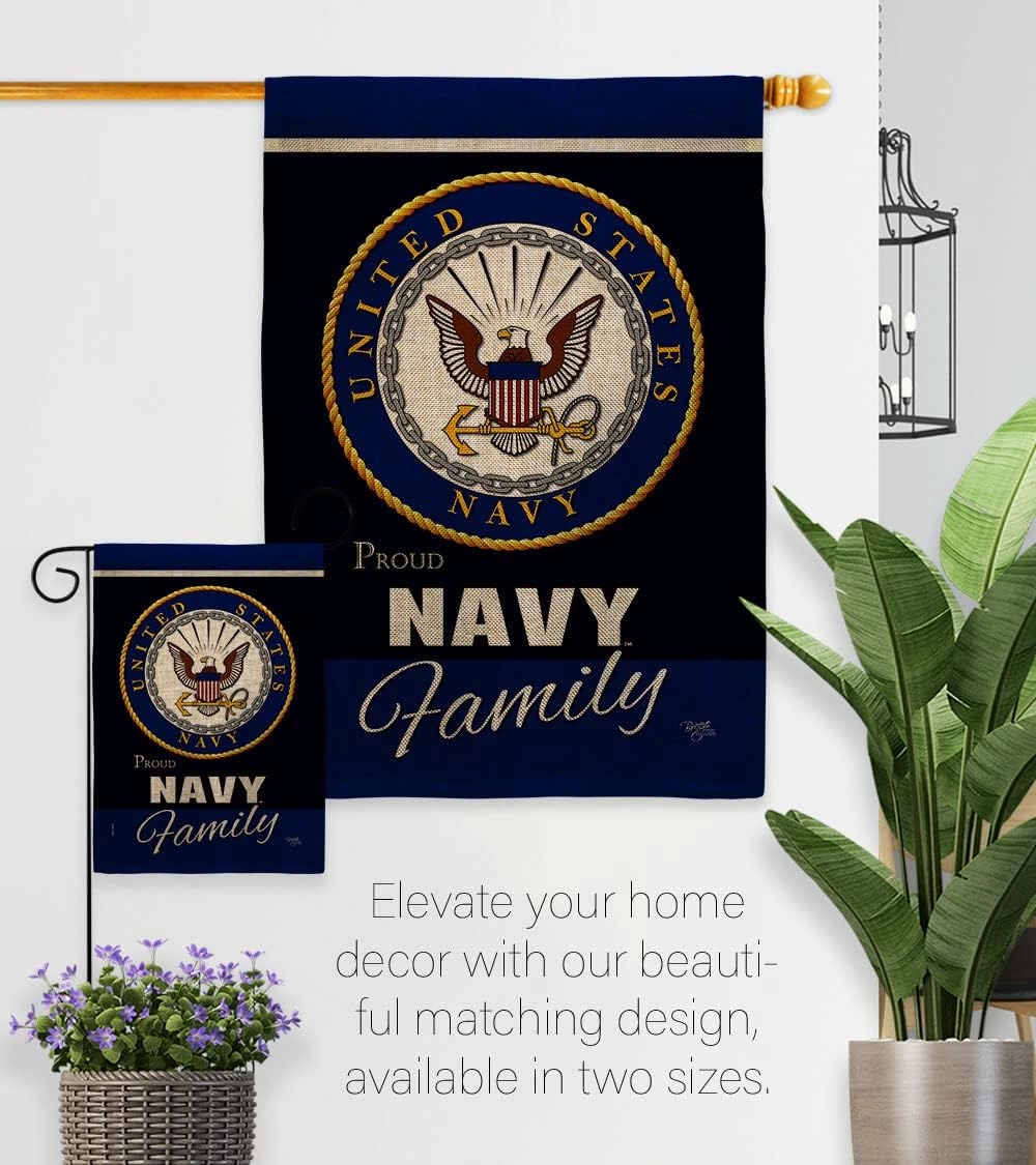 Navy Proudly Family Burlap Garden Flag - Armed Forces USN Seabee United State American Military Veteran Retire Official - House Decoration Banner Small Yard Gift Double-Sided Made In USA 13 X 18.5
