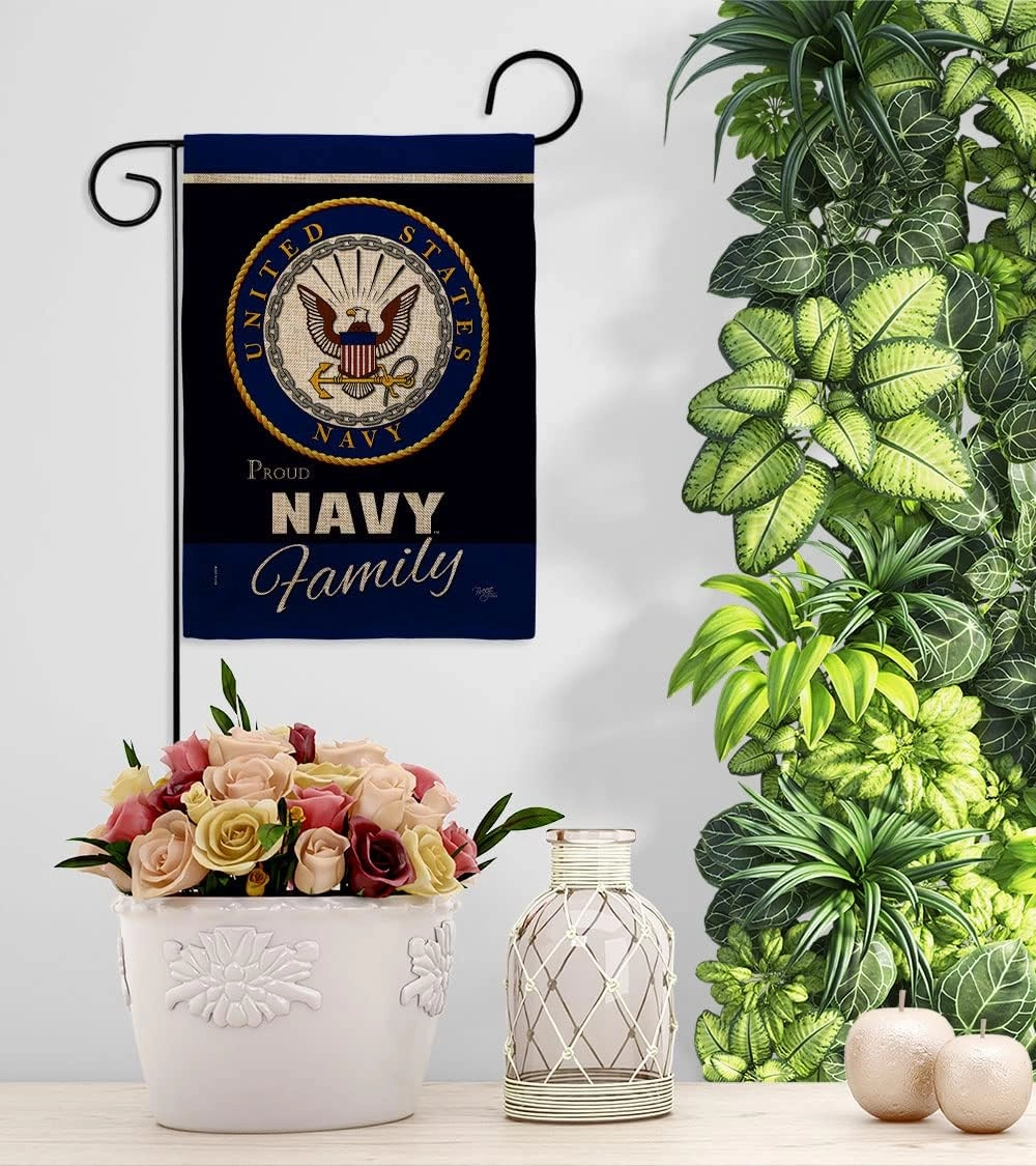 Navy Proudly Family Burlap Garden Flag - Armed Forces USN Seabee United State American Military Veteran Retire Official - House Decoration Banner Small Yard Gift Double-Sided Made In USA 13 X 18.5
