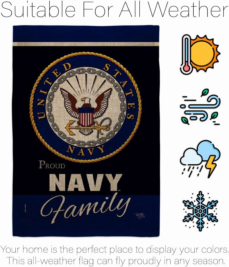 Navy Proudly Family Burlap Garden Flag - Armed Forces USN Seabee United State American Military Veteran Retire Official - House Decoration Banner Small Yard Gift Double-Sided Made In USA 13 X 18.5