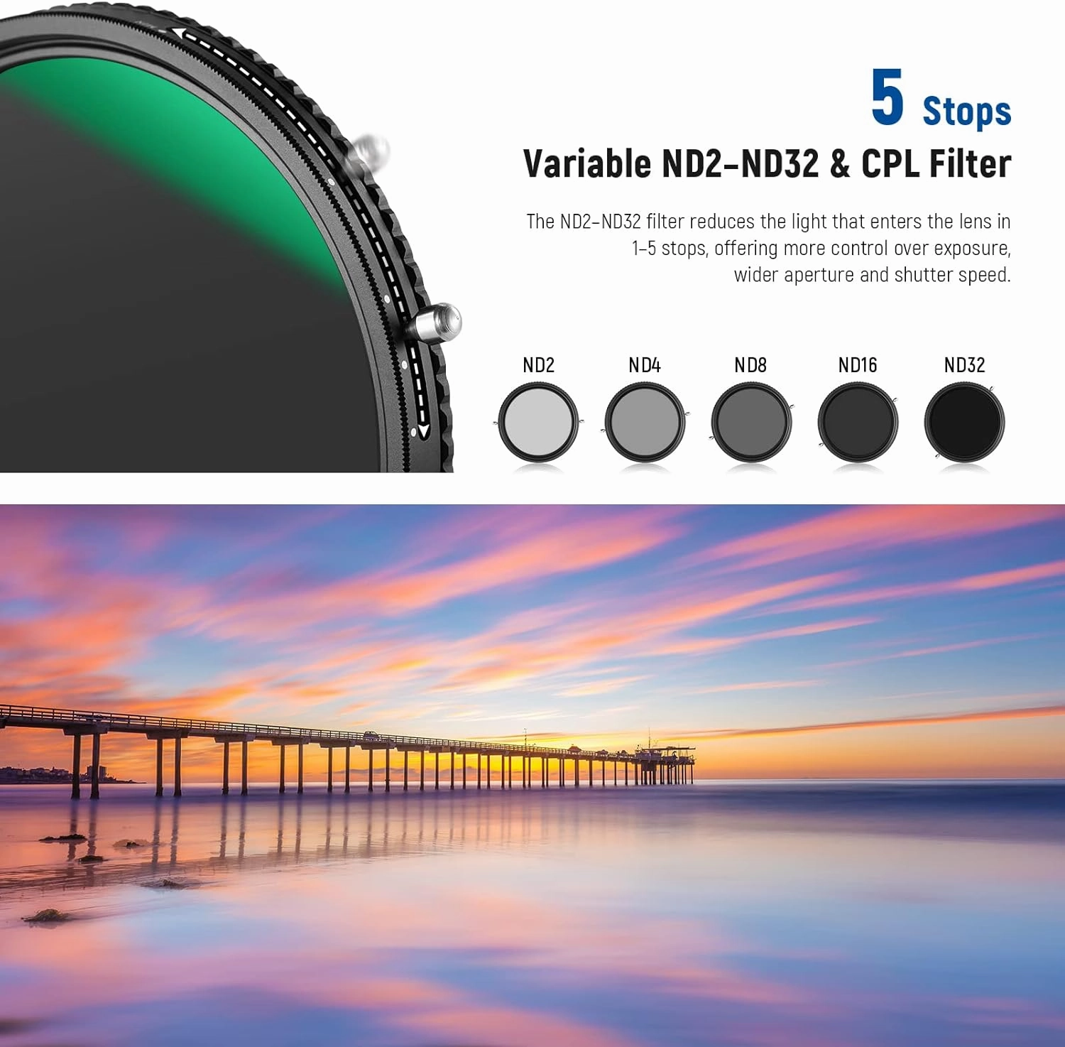 NEEWER 2 in 1 67mm Variable ND Filter ND2–ND32&CPL Filter(Circular Polarizer Filter) No X Cross/30 Layer Nano Coated/HD Optical Glass/Ultra Slim Aluminum Alloy Frame/Water Repellent/Scratch Resistant