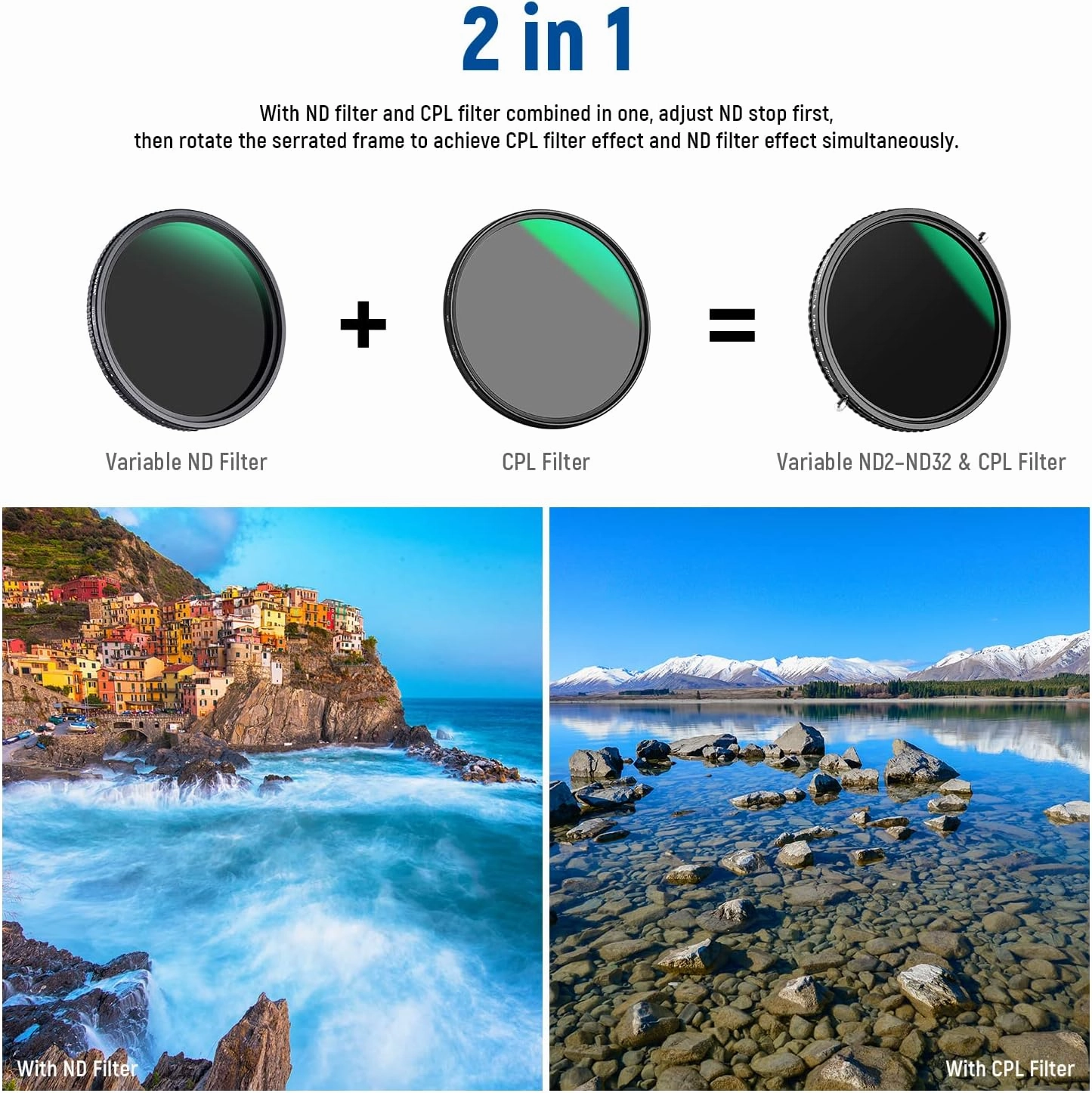 NEEWER 2 in 1 67mm Variable ND Filter ND2–ND32&CPL Filter(Circular Polarizer Filter) No X Cross/30 Layer Nano Coated/HD Optical Glass/Ultra Slim Aluminum Alloy Frame/Water Repellent/Scratch Resistant
