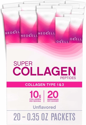 NeoCell Super Collagen Peptides, 10 g Collagen/Single-Serve Packet; Keto Certified, Gluten Free; for Healthy Skin, Hair, Nails and Joint Support;* Unflavored Powder, 20 Servs, 7 Oz.