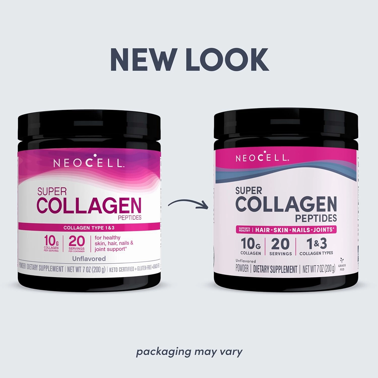 NeoCell Super Collagen Peptides, 10g Collagen Peptides per Serving, Gluten Free, Keto Friendly, Non-GMO, Grass Fed, Healthy Hair, Skin, Nails and Joints, Unflavored Powder, 7 oz., 1 Canister