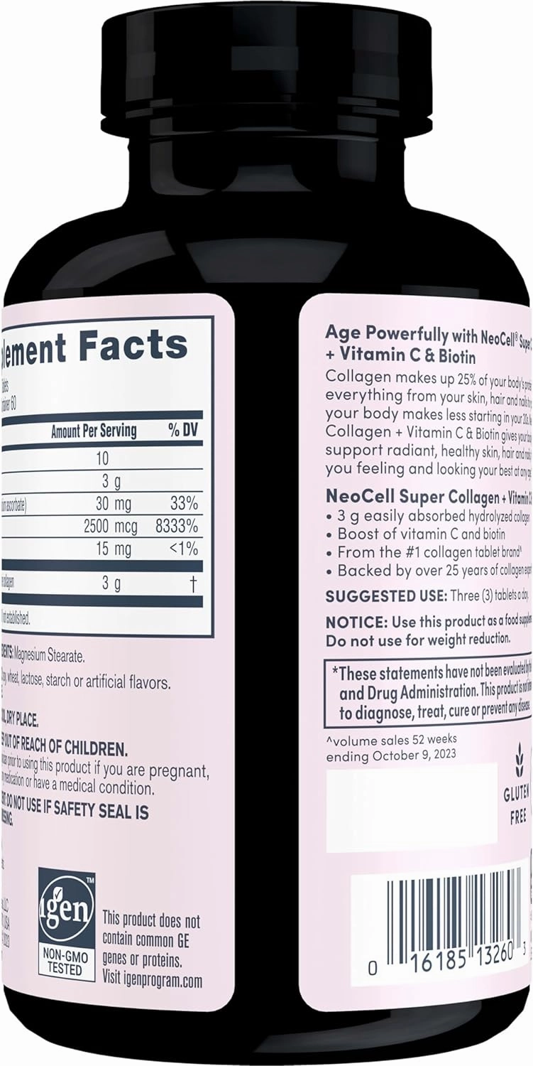 NeoCell Super Collagen With Vitamin C and Biotin, Skin, Hair and Nails Supplement, Includes Antioxidants, Tablet, 180 Count, 1 Bottle