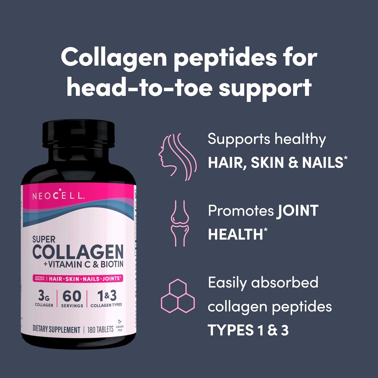 NeoCell Super Collagen With Vitamin C and Biotin, Skin, Hair and Nails Supplement, Includes Antioxidants, Tablet, 180 Count, 1 Bottle