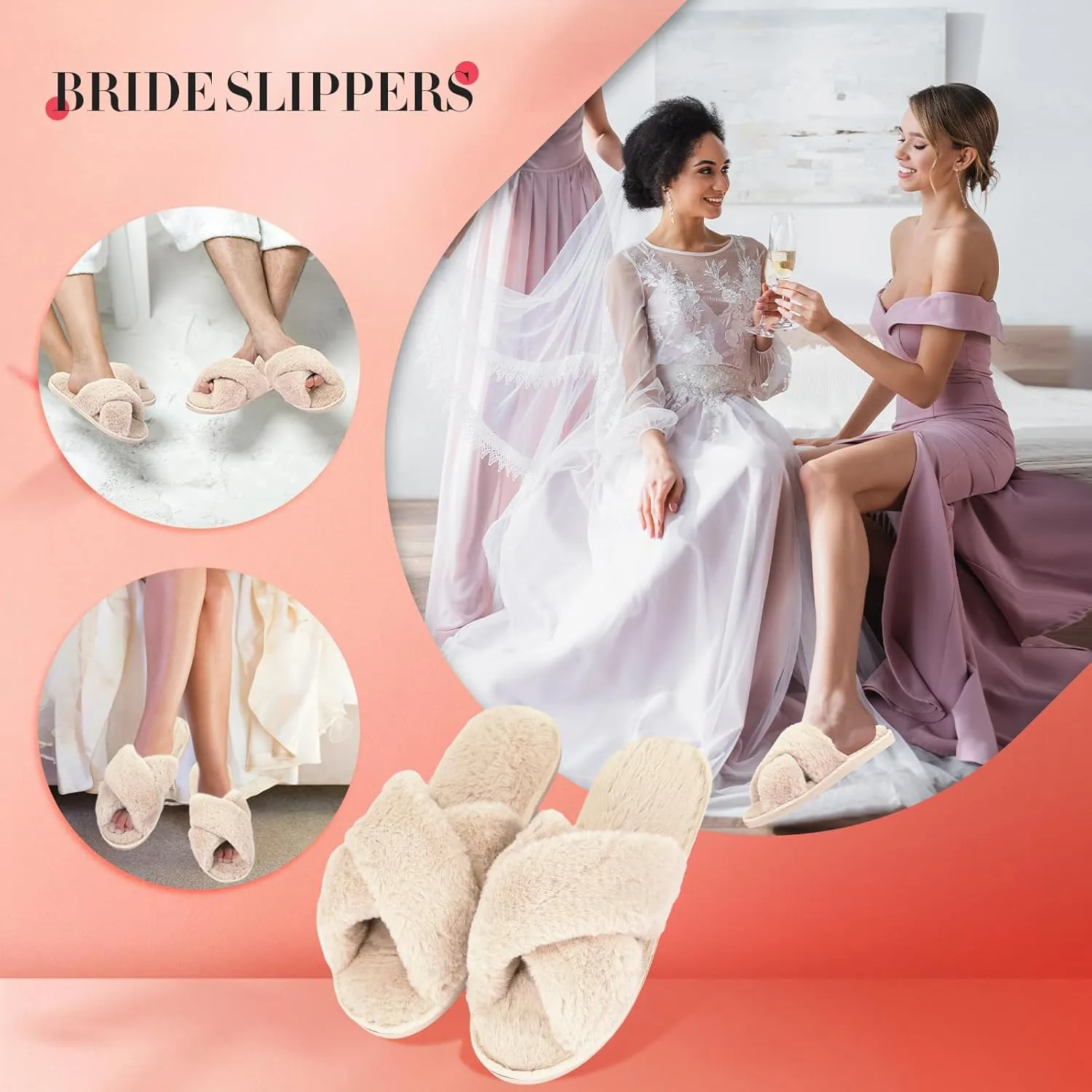 Newcotte 2 Pairs Women's Fuzzy Slippers Cross Band Fluffy Plush Cozy Open Toe House Slippers for Bridesmaid Indoor Outdoor