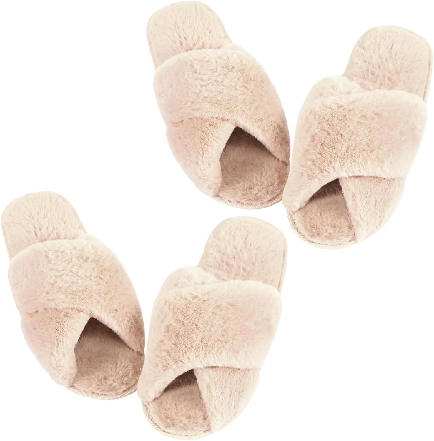 Newcotte 2 Pairs Women's Fuzzy Slippers Cross Band Fluffy Plush Cozy Open Toe House Slippers for Bridesmaid Indoor Outdoor