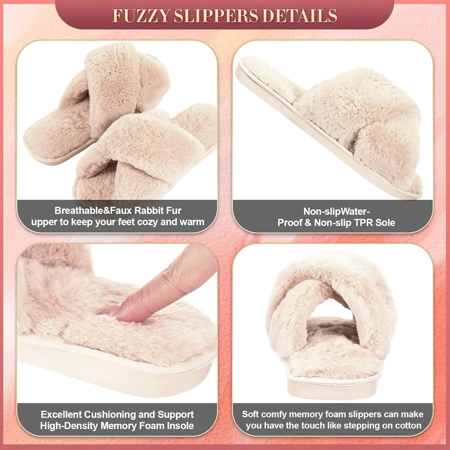 Newcotte 2 Pairs Women's Fuzzy Slippers Cross Band Fluffy Plush Cozy Open Toe House Slippers for Bridesmaid Indoor Outdoor