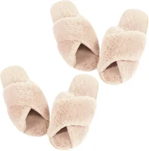 Newcotte 2 Pairs Women's Fuzzy Slippers Cross Band Fluffy Plush Cozy Open Toe House Slippers for Bridesmaid Indoor Outdoor
