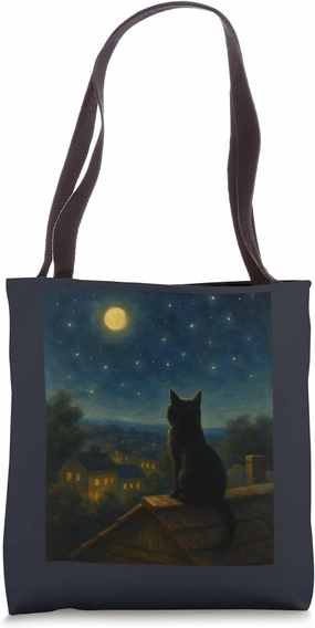 Night Gaze Black Cat Watching Moon Over Rooftop Night Tote Bag