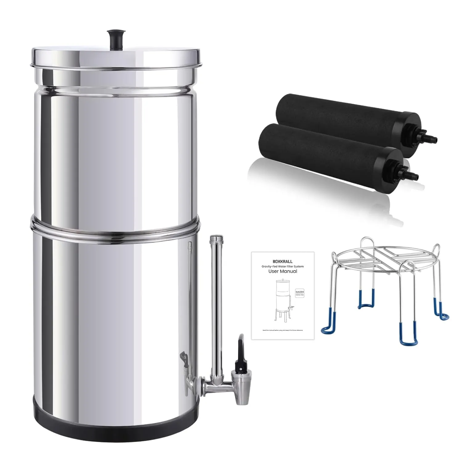 NSF/ANSI 42&372 Standard Stainless Steel Portable Gravity-Fed Water Filter System Water Filter System with Filter and Sight Glass Spigot at Home and Camping (BT-2.25C-B)