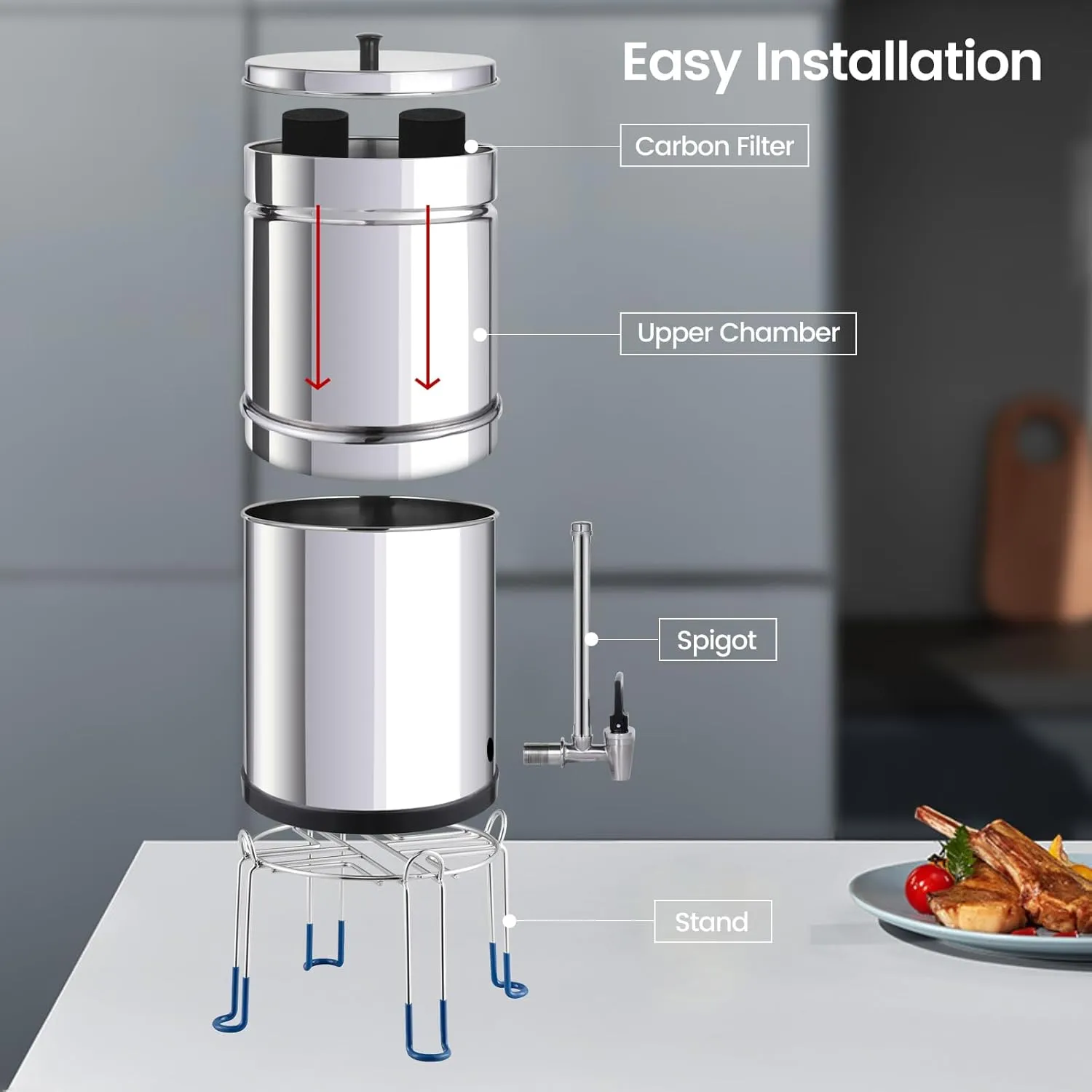 NSF/ANSI 42&372 Standard Stainless Steel Portable Gravity-Fed Water Filter System Water Filter System with Filter and Sight Glass Spigot at Home and Camping (BT-2.25C-B)
