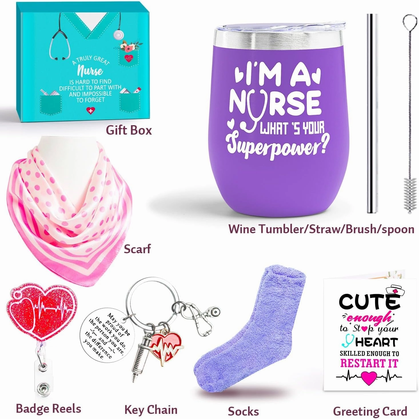 Nurse Gifts for Women -Nurse Appreciation Gift,Nurse Graduation, Nursing School, Nurse Christmas Gifts-Nurse Practitioner,RG Gift-Wine Tumbler,Socks, Coaster, Scarf,Badge Holder Reel,Card (Purple)