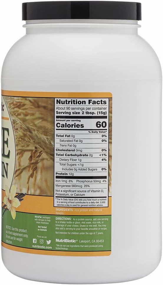 NutriBiotic – Vanilla Rice Protein, 3 Lb (1.36kg) | Low Carb, Keto-Friendly, Vegan, Raw Protein Powder | Grown & Processed Without Chemicals, GMOs or Gluten | Easy to Digest & Nutrient Rich