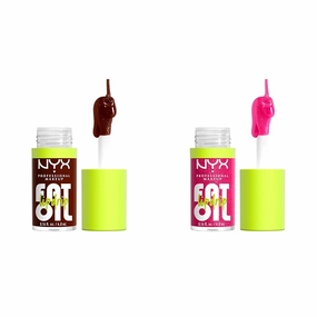 NYX PROFESSIONAL MAKEUP Fat Oil Vegan Lip Gloss Bundle - Status Update (Rich Chocolate) & Supermodel (Shimmering Magenta)