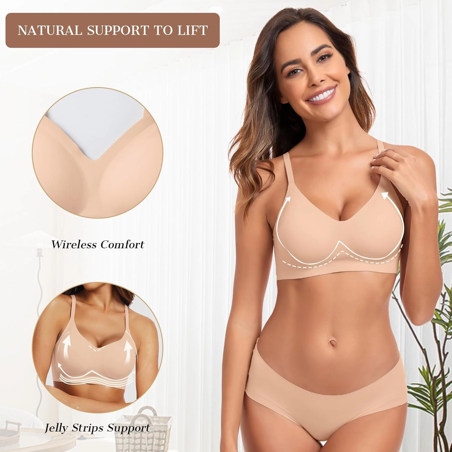 OEAK Womens Push Up Everyday Bras Comfortable Wireless Bralettes V Neck Seamless Bra Smooth Brassiere Wire Free Basic Bras