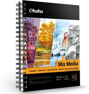 Ohuhu Mix Media Pad, 10"x7.6" Mixed Media Art Sketchbook, 120 lb/200 GSM Heavyweight Papers, 62 Sheets/124 Pages, Spiral Bound Mixed Media Paper Pad for Acrylic, Painting Christmas Gift