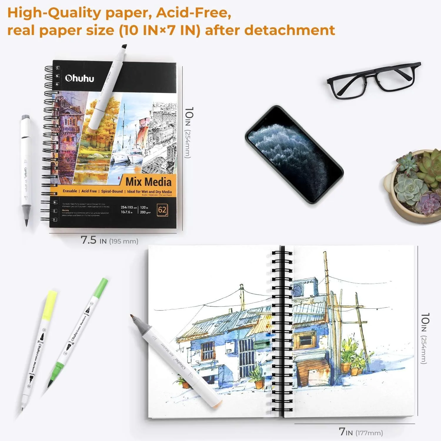 Ohuhu Mix Media Pad, 10"x7.6" Mixed Media Art Sketchbook, 120 lb/200 GSM Heavyweight Papers, 62 Sheets/124 Pages, Spiral Bound Mixed Media Paper Pad for Acrylic, Painting Christmas Gift